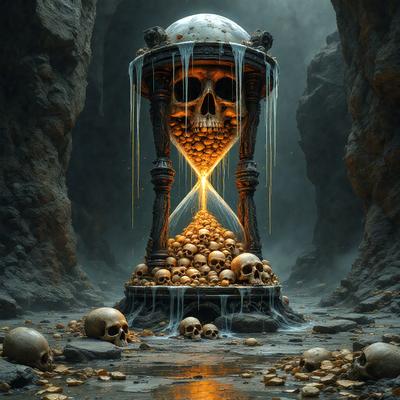 The primary subject of the image is a large clock tower with a skull on top. The clock is surrounded by a pile of skulls, creating a dark and eerie atmosphere. The setting is a cave, with the clock tower standing in the middle of the scene. The visual style is a combination of digital art and illustration, giving the image a unique and intriguing appearance. The dominant colors are black, white, and red, with the skulls adding a touch of gold.
